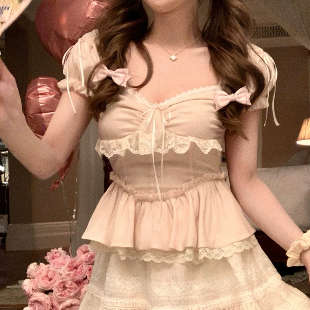 Japanese Kawaii Cottage Nude Lace Ruffle Bow Ribbon Blouse Shirt Top